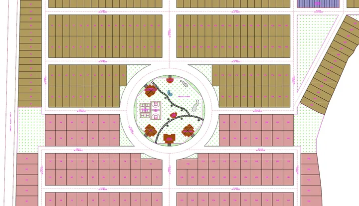 Subdivision site plan with numbered plots arranged around a central open space