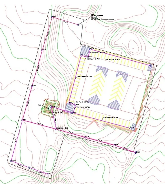 Topographic engineering drawing showing contour lines and a proposed facility layout