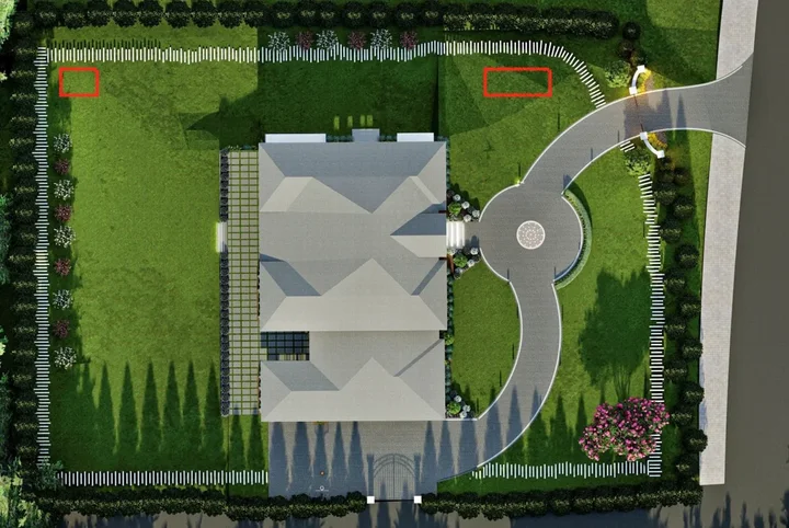 Overhead rendering of a building site with landscape areas and vehicle access