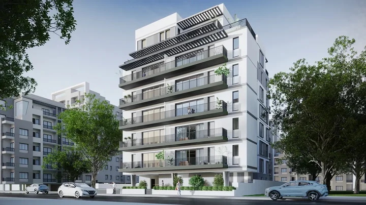 Architectural visualization of a multistory residential building with balconies