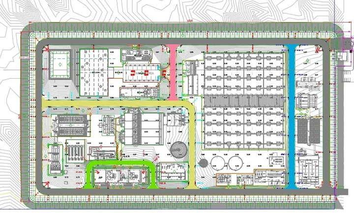 Technical CAD site layout with building footprints, access routes, and detailed linework