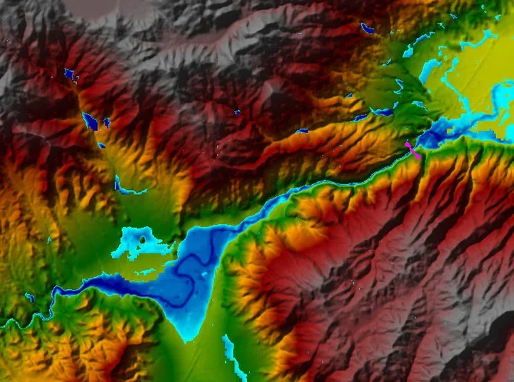 Color-coded terrain visualization showing valleys, slopes, and watercourses