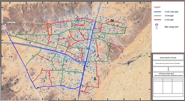 Water distribution plan over an aerial map, showing color-coded main and branch pipelines